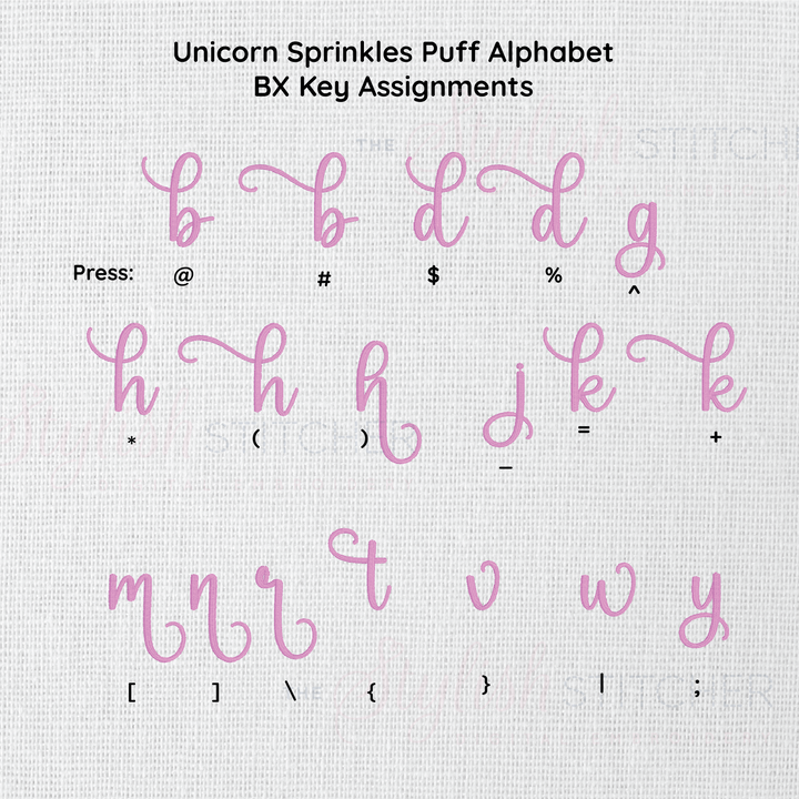 Photograph of Unicorn Sprinkles Puff embroidery font BX key assignments 