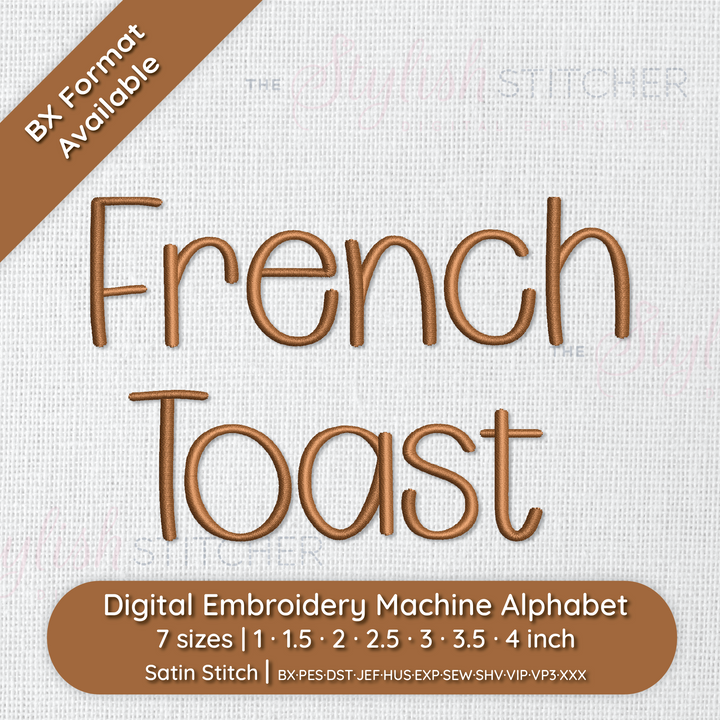 Photograph of stitched out French Toast embroidery font