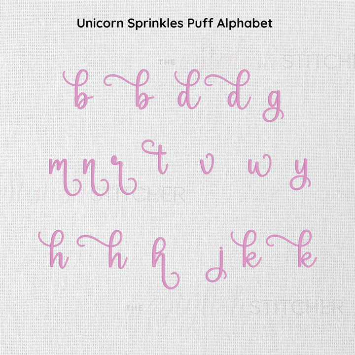 Photograph of Unicorn Sprinkles Puff embroidery font alternate alphabet