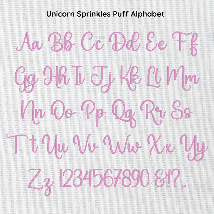 Photograph of Unicorn Sprinkles Puff embroidery font alphabet