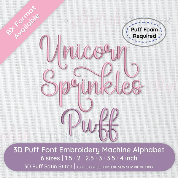 Embroidery machine alphabet set with 'Unicorn Sprinkles Puff' text on a textured fabric background.