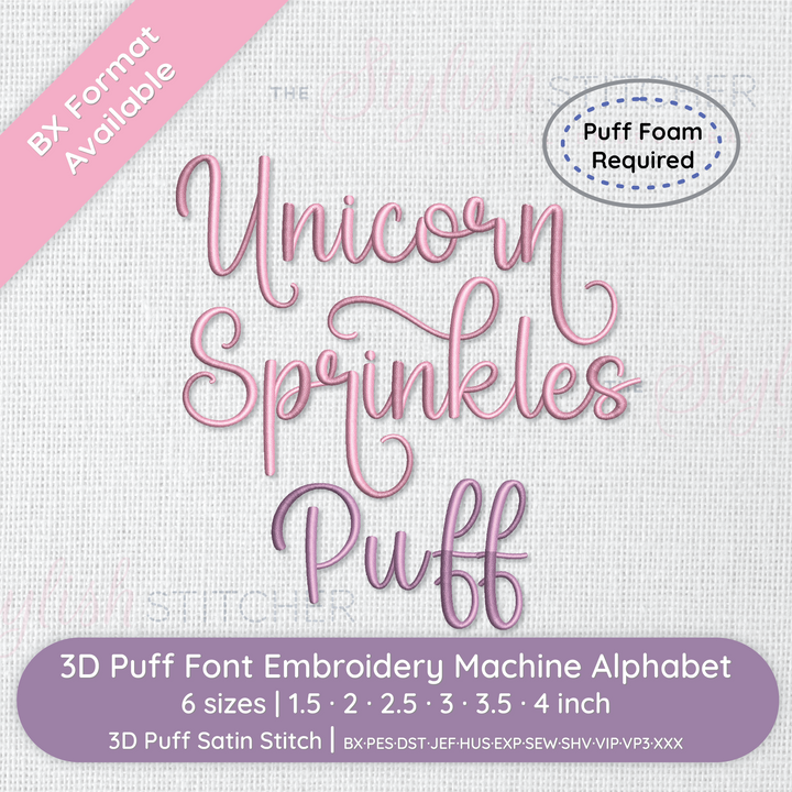 Embroidery machine alphabet set with 'Unicorn Sprinkles Puff' text on a textured fabric background.