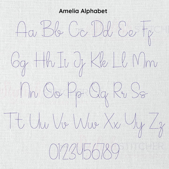 Photograph of stitched out Amelia Bean embroidery font alphabet