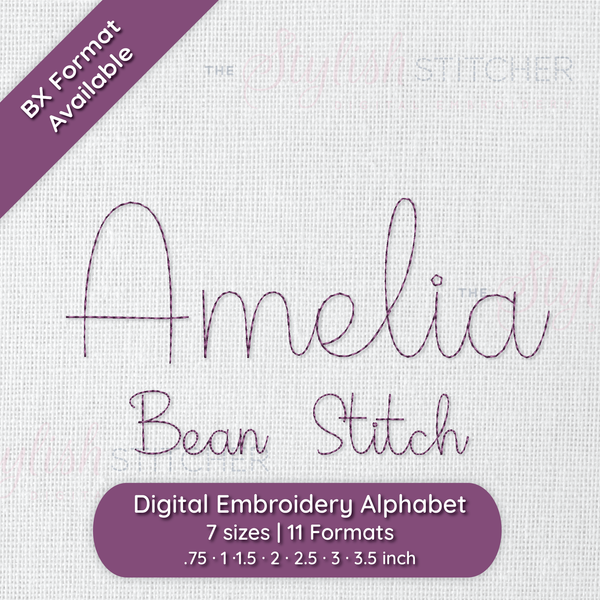 Photograph of stitched out Amelia Bean embroidery font