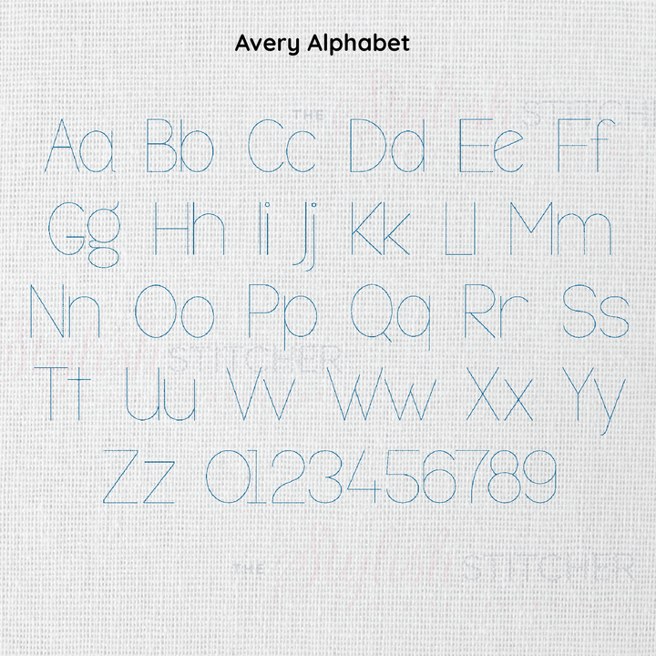 Photograph of stitched out Avery Bean Stitch embroidery font alphabet