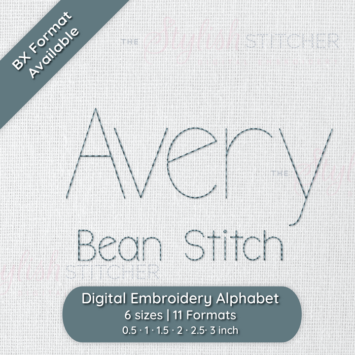 Photograph of stitched out Avery Bean Stitch embroidery font