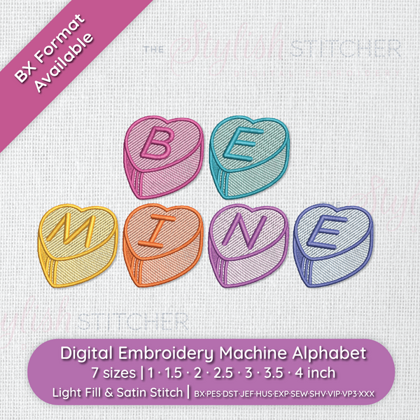 Photograph of sample stitch out of Be Mine font