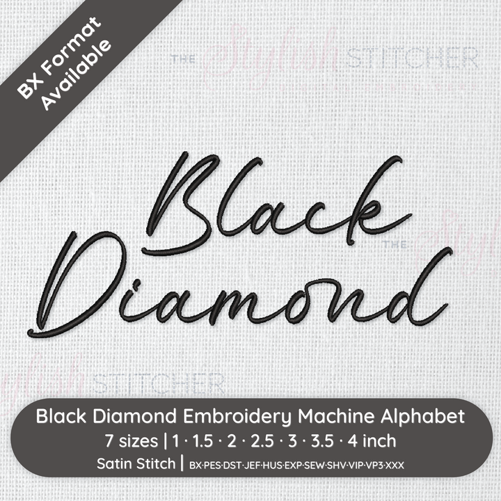 Black Diamond embroidery machine alphabet on a cross-stitched background with product details.