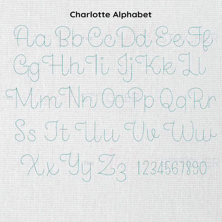 Photograph of stitched out Charlotte Bean Stitch embroidery font alphabet