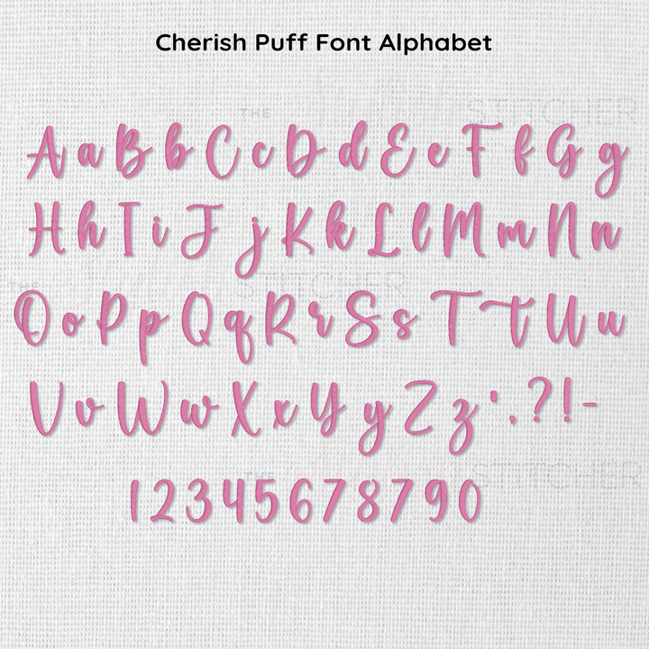 Photograph of stitched out 3D Cherish Puff embroidery font alphabet