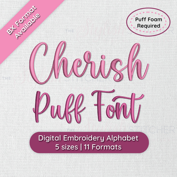 Photograph of stitched out 3D Cherish Puff embroidery font