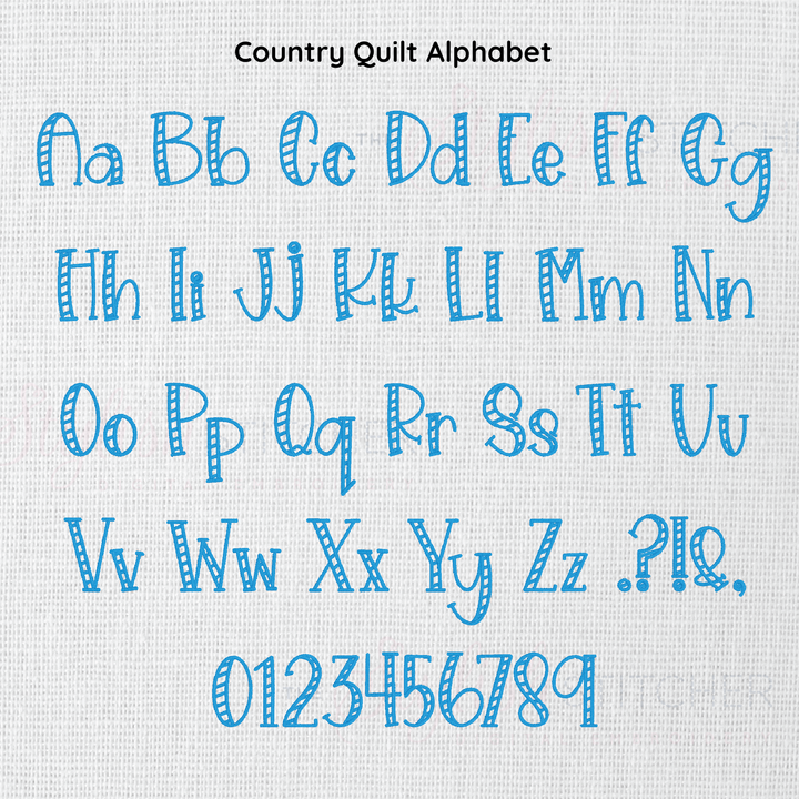 Photograph of stitched out Country Quilt embroidery font alphabet