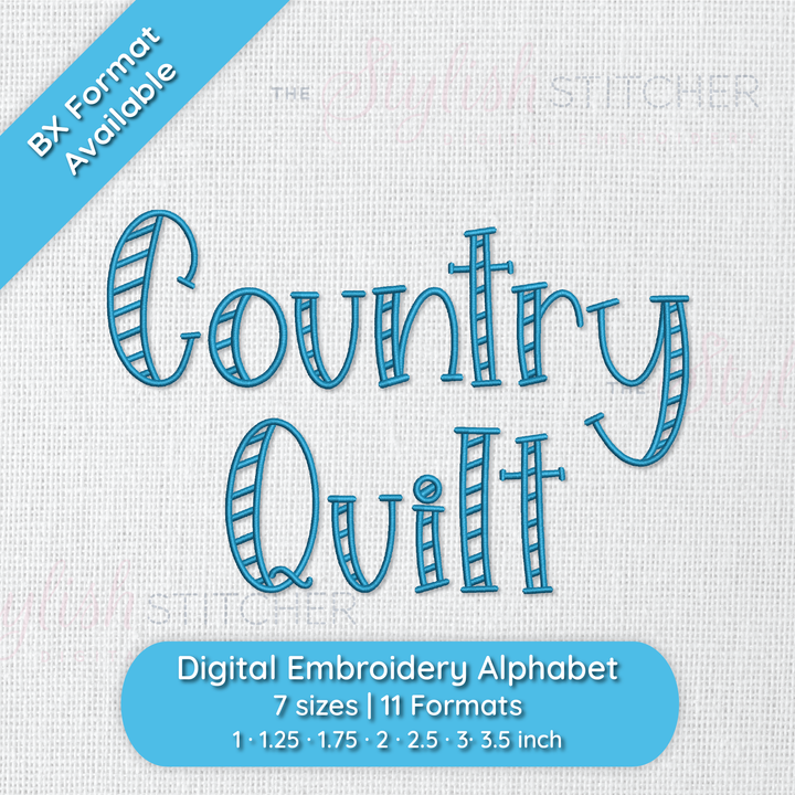 Photograph of stitched out Country Quilt embroidery font