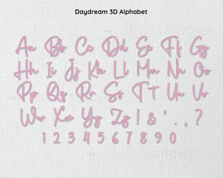 Photograph of stitched out Daydream 3D embroidery font alphabet