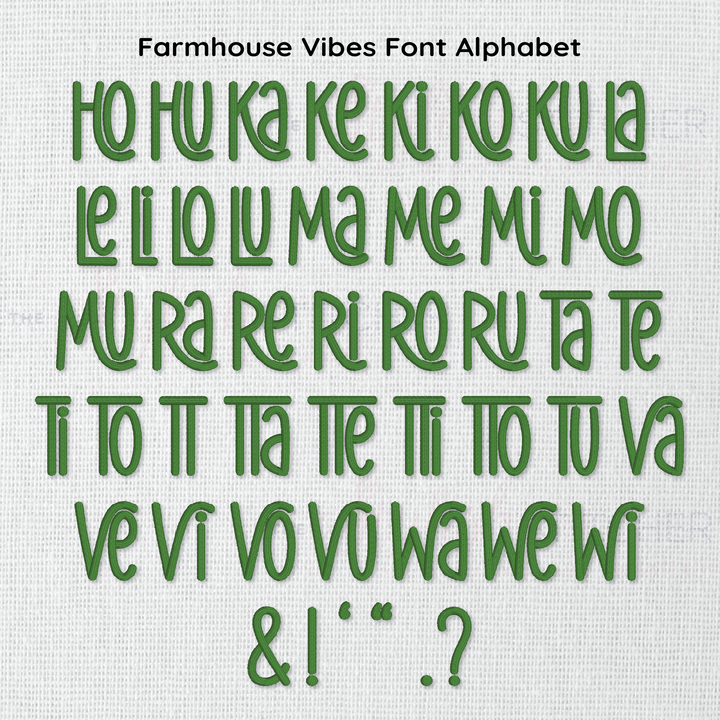 Photograph of Farmhouse Vibes embroidery font alphabet