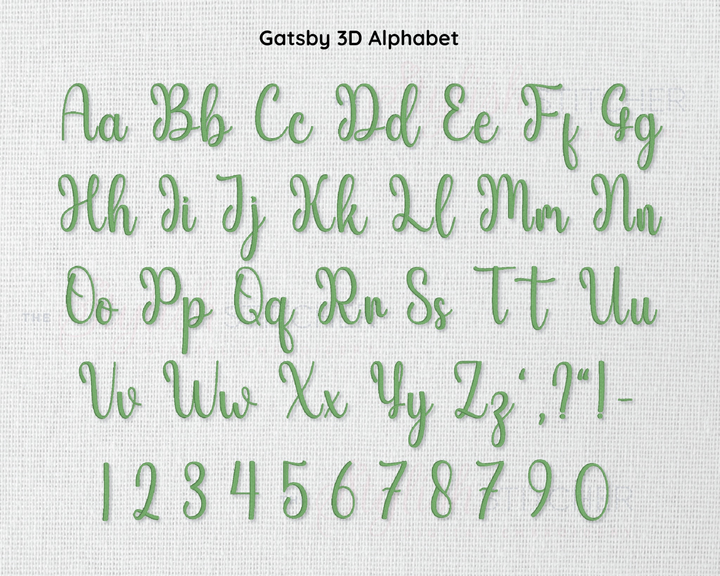 Photograph of Gatsby 3D embroidery font alphabet