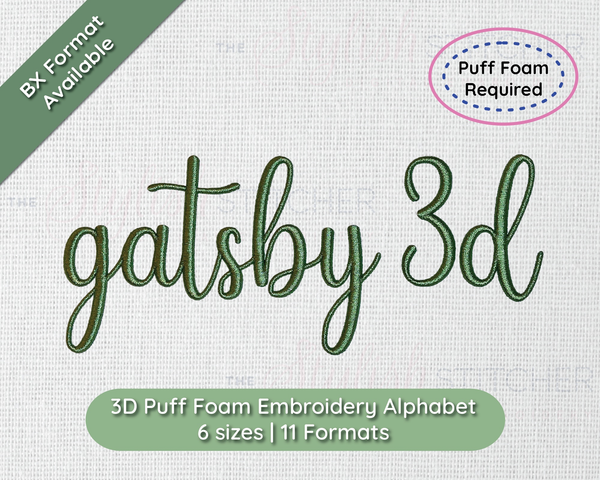 Photograph of stitched out Gatsby 3D embroidery font