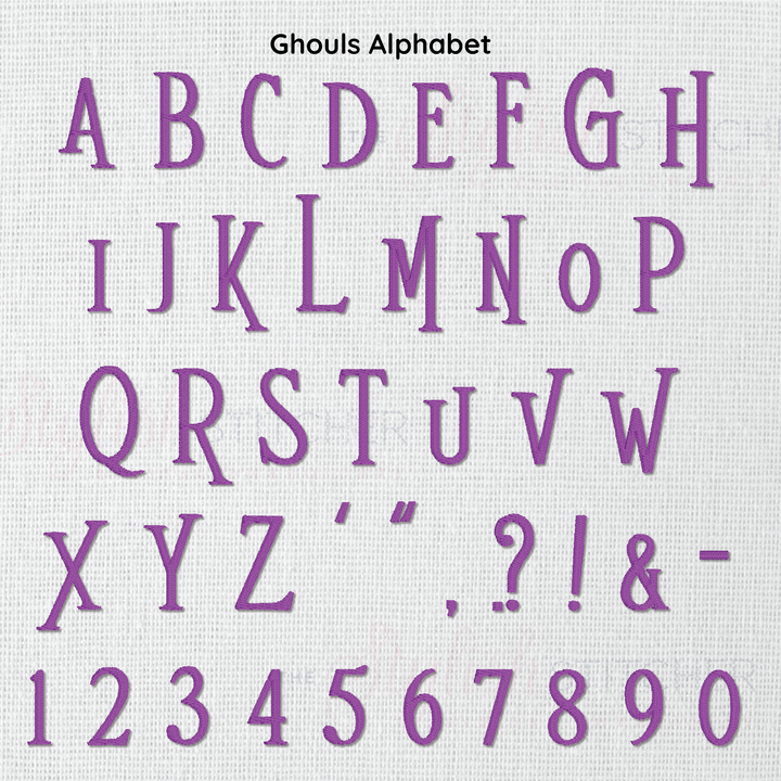 Ghouls embroidery font alphabet on a white background