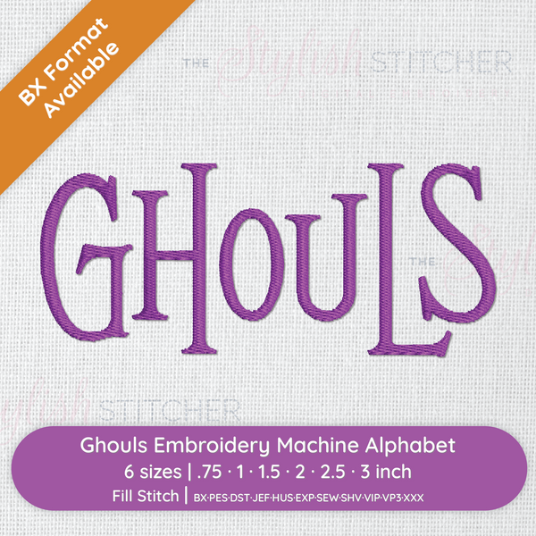 Embroidery machine alphabet pattern with 'GHOULS' text on a fabric background