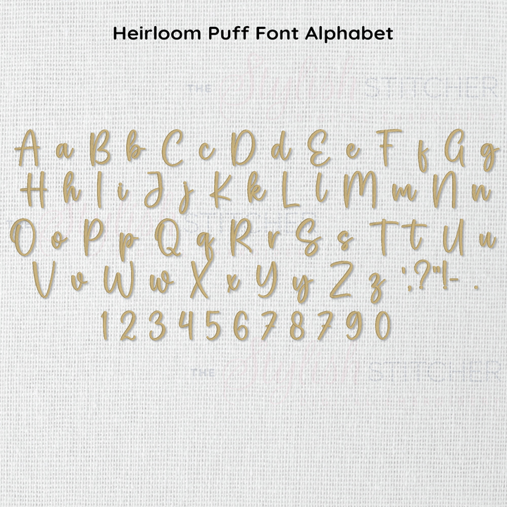 Photograph of stitched out Heirloom Puff embroidery font alphabet