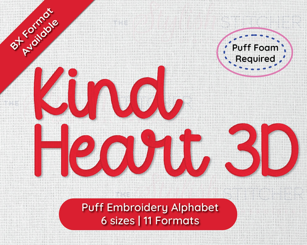 Photograph of stitched out Kind Heart 3D embroidery font