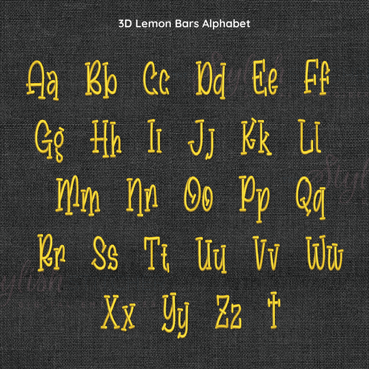 Photograph of stitched out 3D Lemon Bars Puff embroidery font alphabet