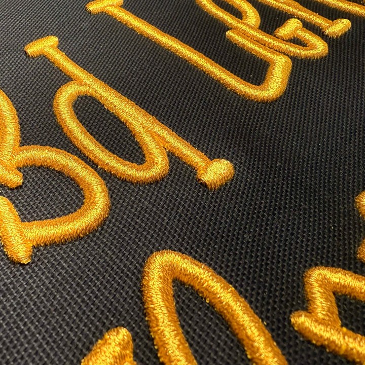 Close up photograph of stitched out 3D Lemon Bars Puff embroidery font
