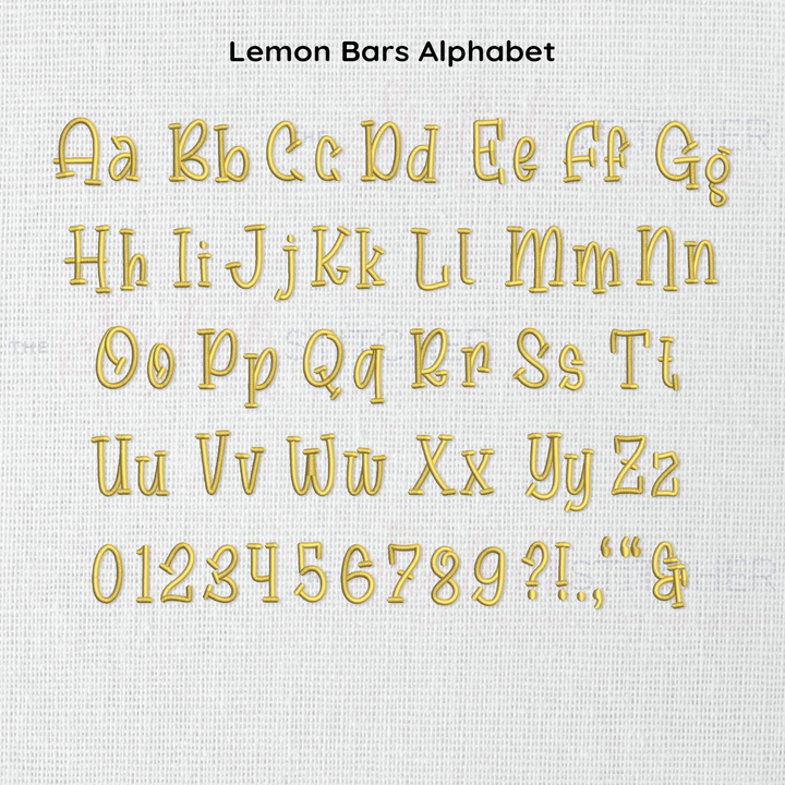 Photograph of stitched out Lemon Bars embroidery font alphabet