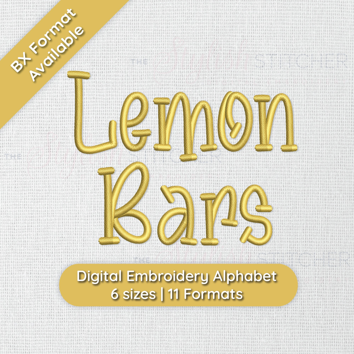 Photograph of stitched out Lemon Bars embroidery font