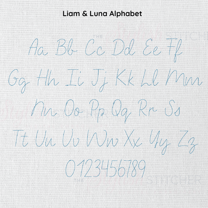 Photograph of stitched out Liam and Luna Bean Stitch embroidery font alphabet