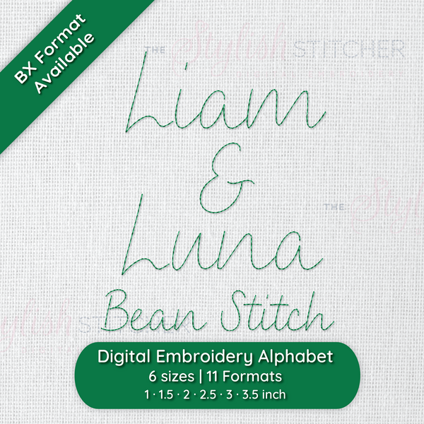 Photograph of stitched out Liam and Luna Bean Stitch embroidery font