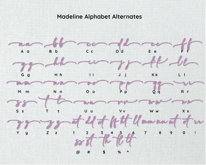 Photograph of Madeline embroidery font alternate alphabet