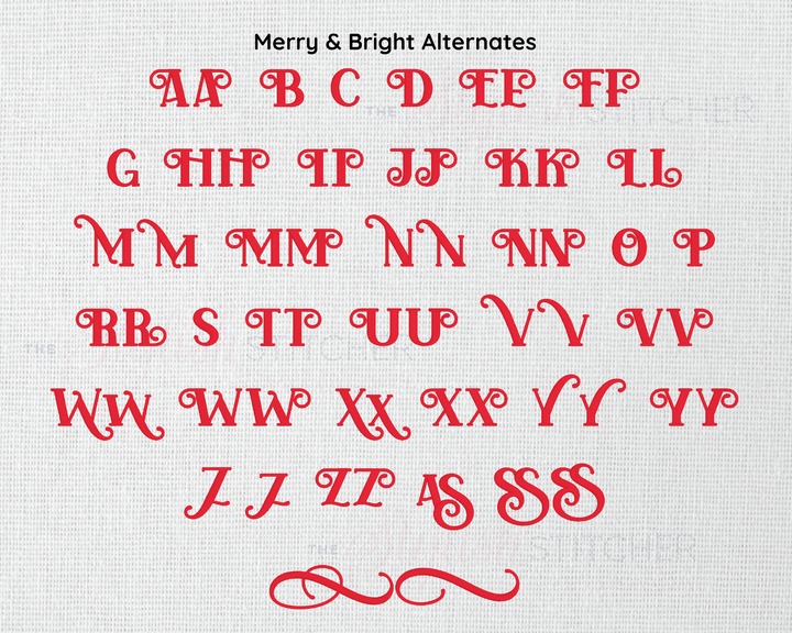 Photograph of Merry & Bright embroidery font alternate alphabet