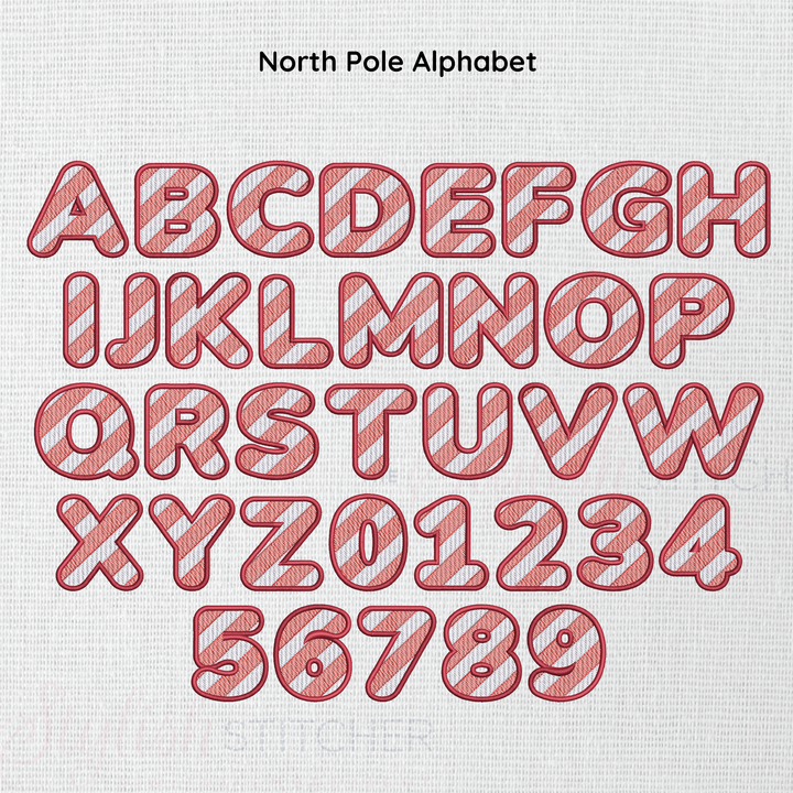 Photograph of stitched out North Pole embroidery font alphabet