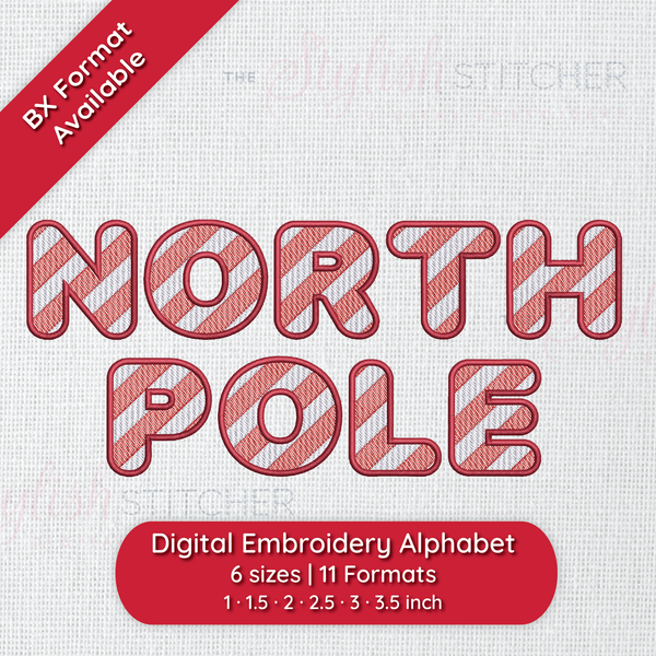 Photograph of stitched out North Pole embroidery font