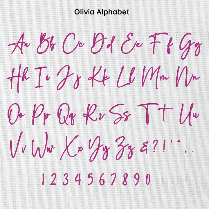Olivia embroidery font cursive alphabet and numbers on a white background