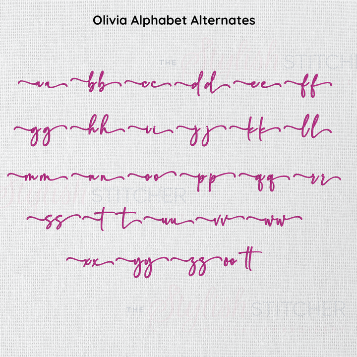 Olivia cursive embroidery font alternates on a white background