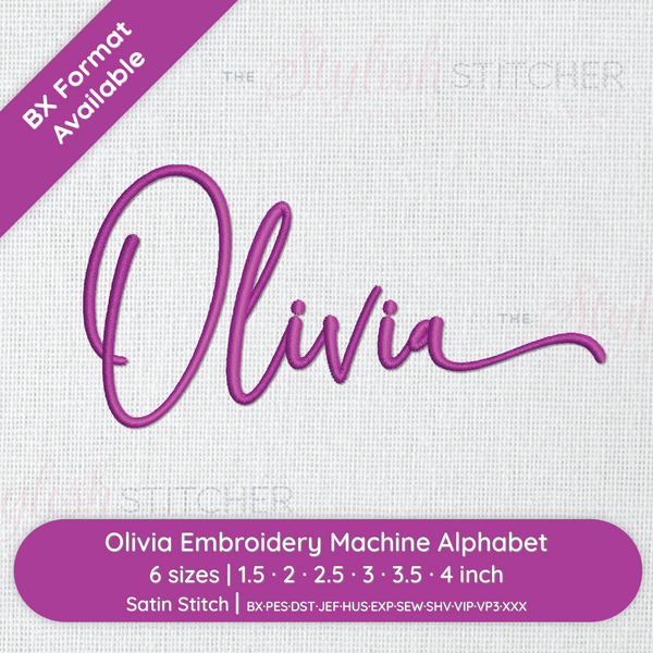 Embroidery machine alphabet design for 'Olivia' with purple text on a white background.
