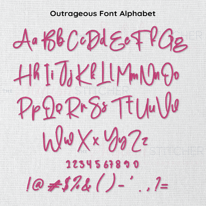 Outrageous embroidery font alphabet stitched out in pink on a white background