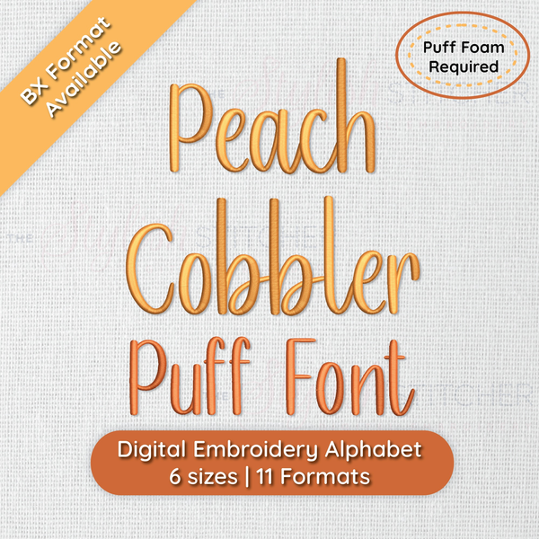 Photograph of stitched out Peach Cobbler Puff embroidery font