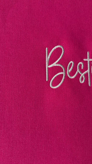 Video showcasing stitched out Besties embroidery font