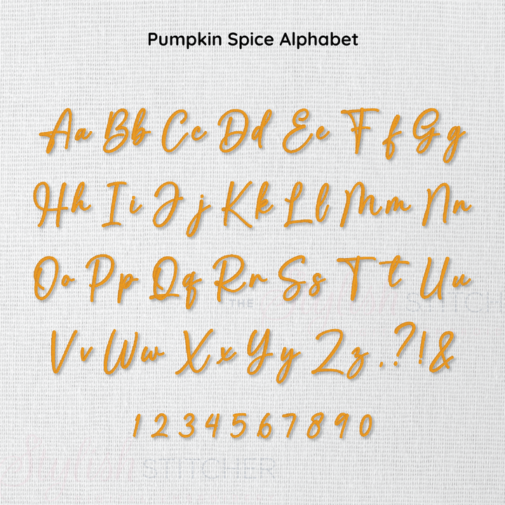 Photograph of stitched out Pumpkin Spice embroidery font alphabet