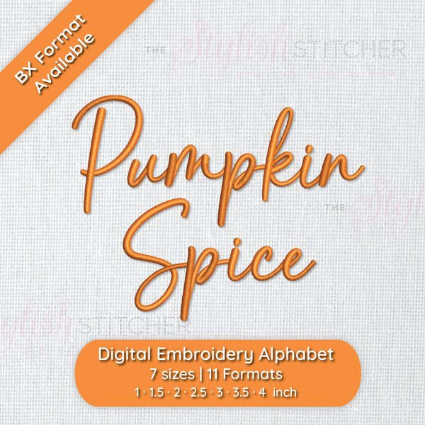 Photograph of stitched out Pumpkin Spice embroidery font