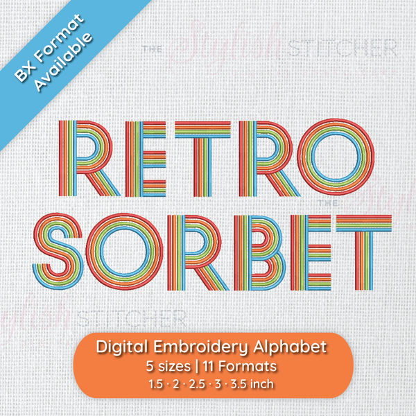 Photograph of stitched out Retro Sorbet embroidery font