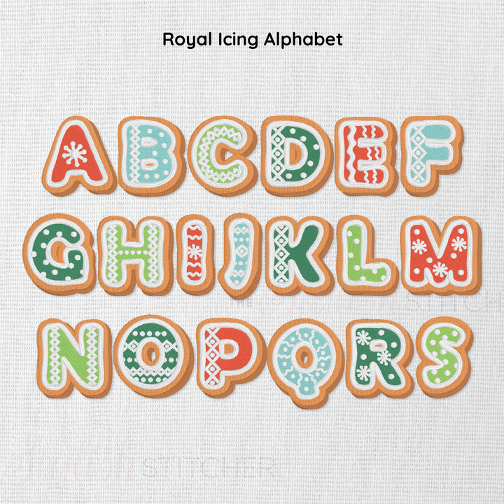 Photograph of stitched out Royal Icing embroidery font alphabet