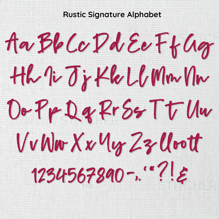 Photograph of Rustic Signature embroidery font alphabet