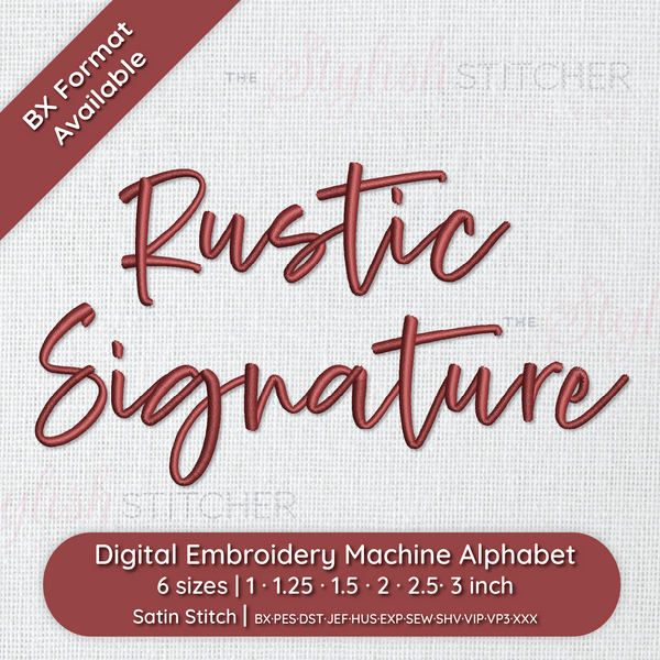 Photograph of stitched out Rustic Signature embroidery font