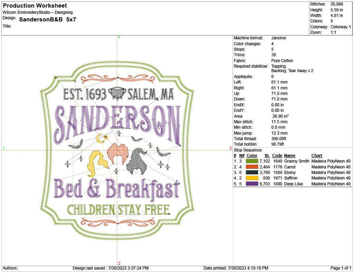 Sanderson Bed and Breakfast production worksheet 5x7