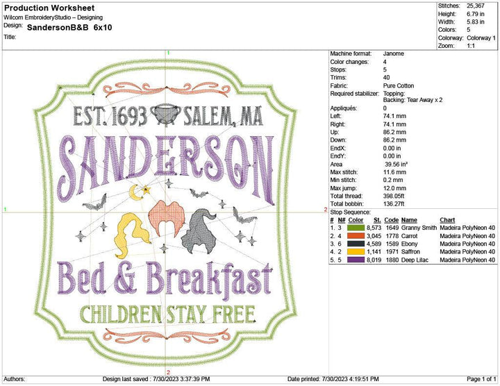 Sanderson Bed and Breakfast production worksheet 6x10