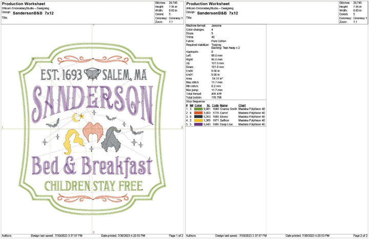 Sanderson Bed and Breakfast production worksheet 7x12